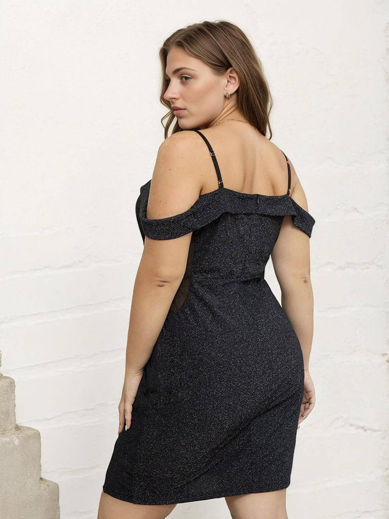 [Plus Size] Black 1960s Glitter Off-Shoulder Strap Dress