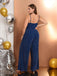 [Plus Size] Blue 1930s Waist-Tie Glitter Strap Jumpsuit