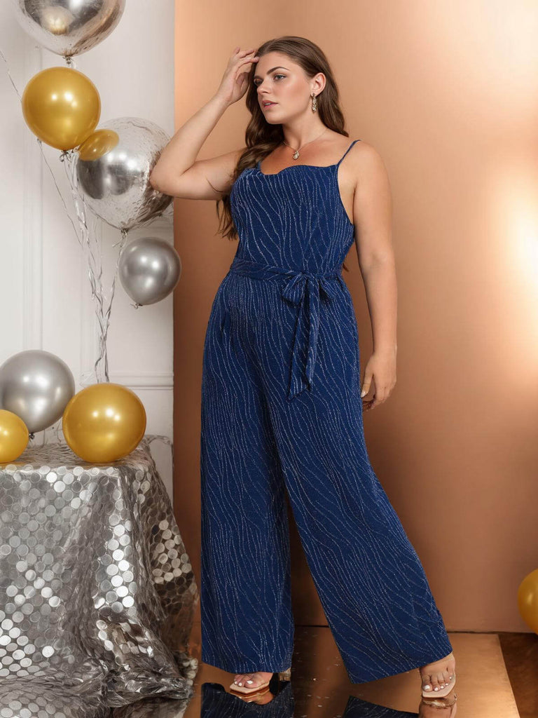 [Plus Size] Blue 1930s Waist-Tie Glitter Strap Jumpsuit