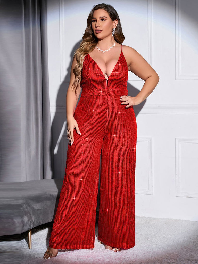 [Plus Size] 1930s Strapless Backless Solid Sequined Jumpsuit