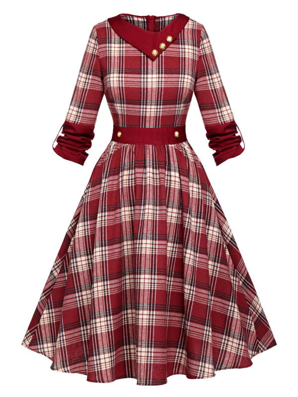 1950s Long Sleeve Scottish Plaid Swing Dress Red