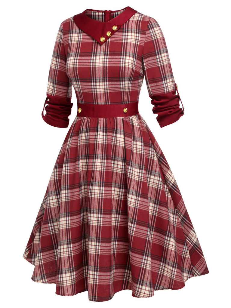 Red 1950s Roll Up Scottish Plaid Dress | Retro Stage
