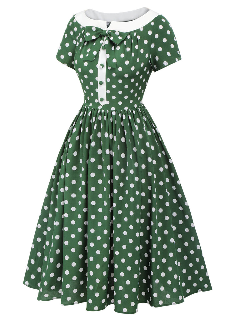 Green 1940s Polka Dot Bowknot Patchwork Dress