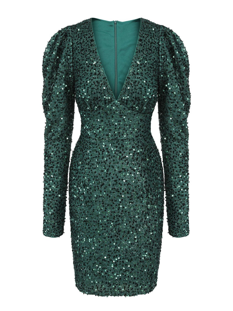 Green 1960s Christmas Sequin V-Neck Pencil Dress