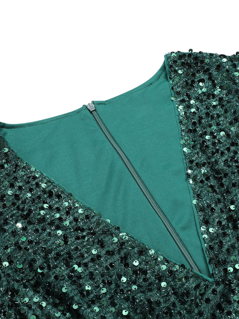 Green 1960s Christmas Sequin V-Neck Pencil Dress