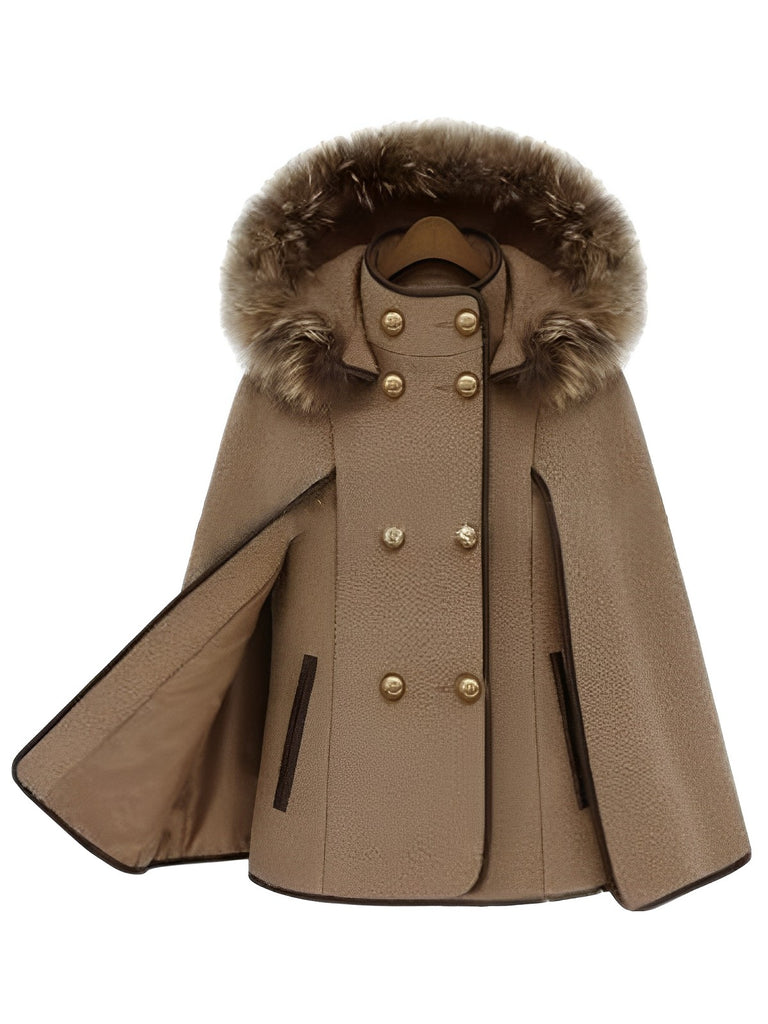 Brown 1940s Hooded Detachable Fur Collar Shawl Coat