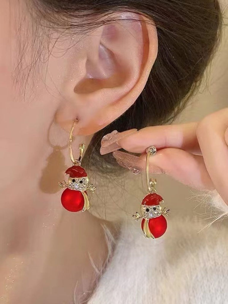 Vintage Red Christmas Snowman Rhinestone Earrings