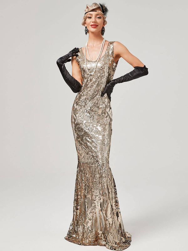 1920s Sequined Floor-Length Charleston Dress Champagne