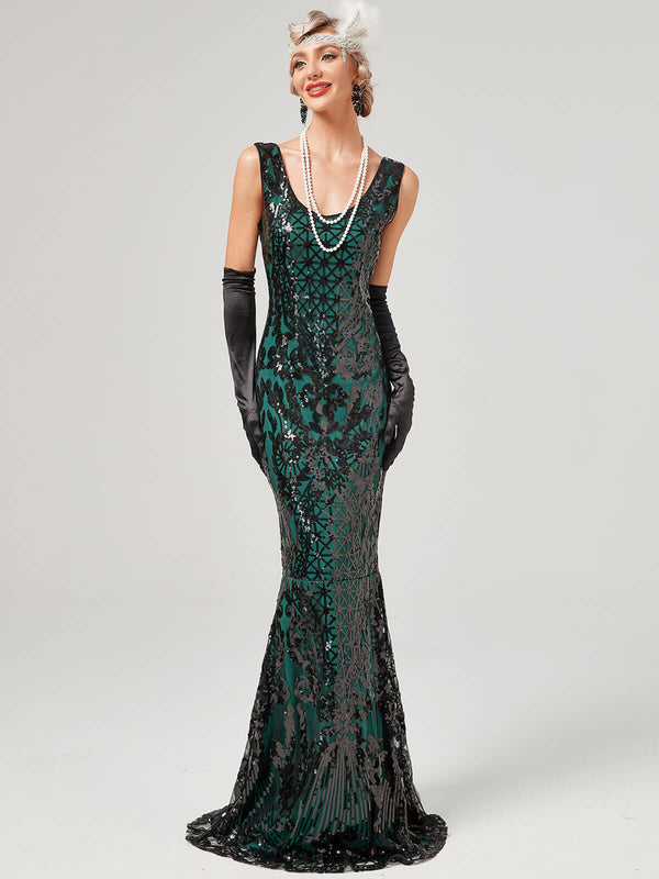 1920s Sequined Floor-Length Charleston Dress Champagne Green