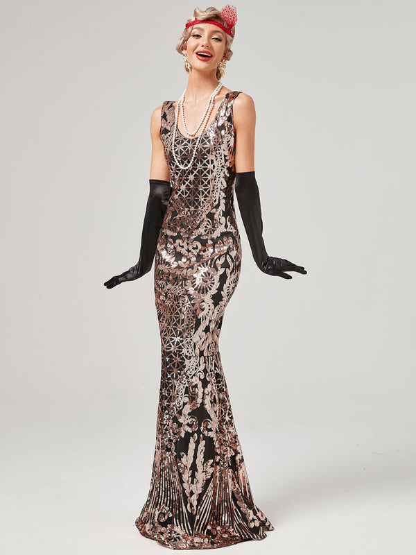 1920s Sequined Floor-Length Charleston Dress Champagne Rose Gold