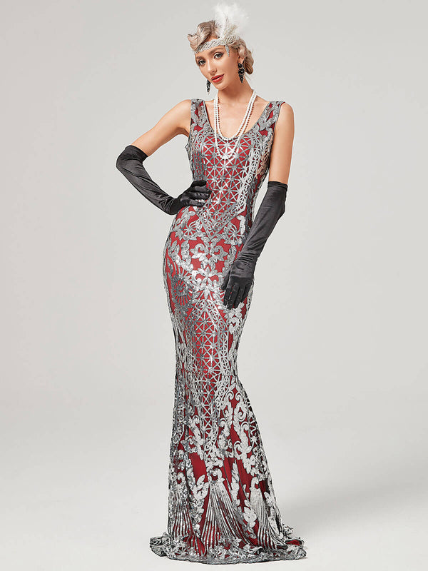 1920s Sequined Floor-Length Charleston Dress Champagne Red