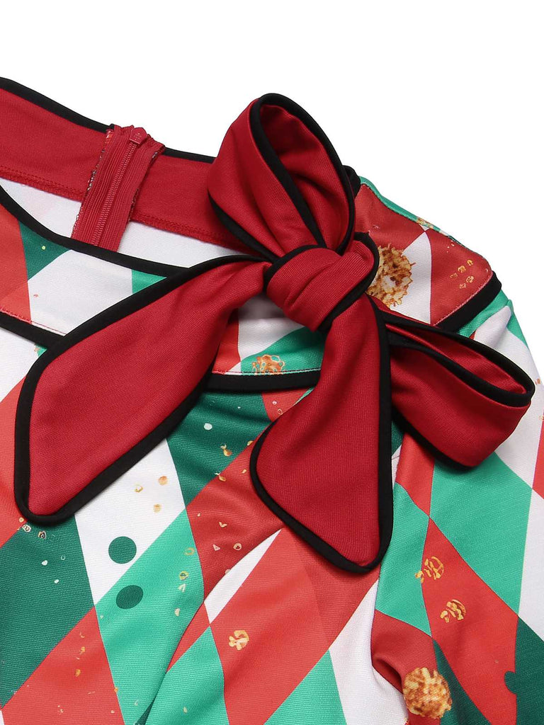 Red 1950s Christmas Plaids Bow Decor Dress