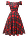 Red 1950s Christmas Plaid Off-Shoulder Dress