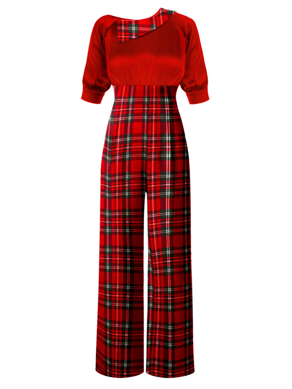 Christmas Red Plaid Short Sleeved High Waist Jumpsuit / Size Large