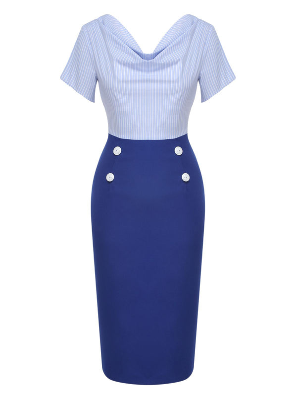 Retro Stage Cowl Neck Striped Back-Bow Sheath Dress Blue