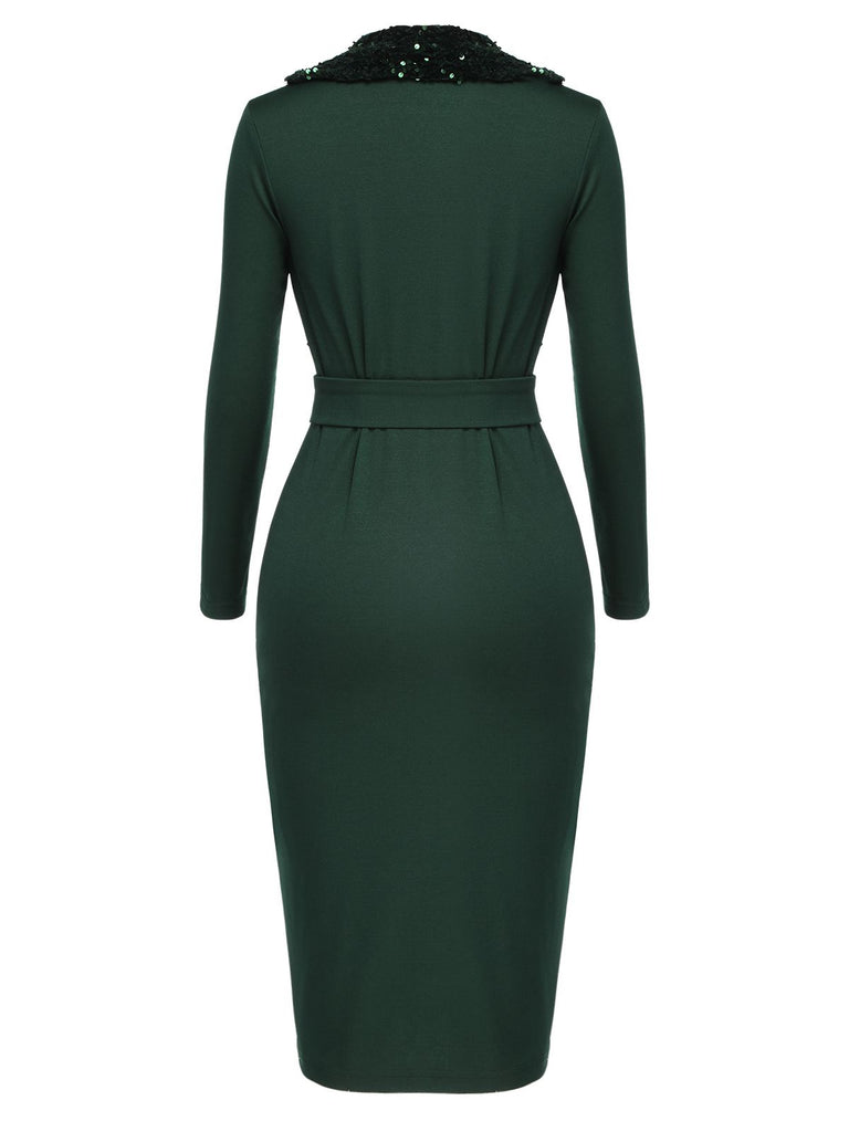 Green 1960s Glitter Patchwork Belted Dress