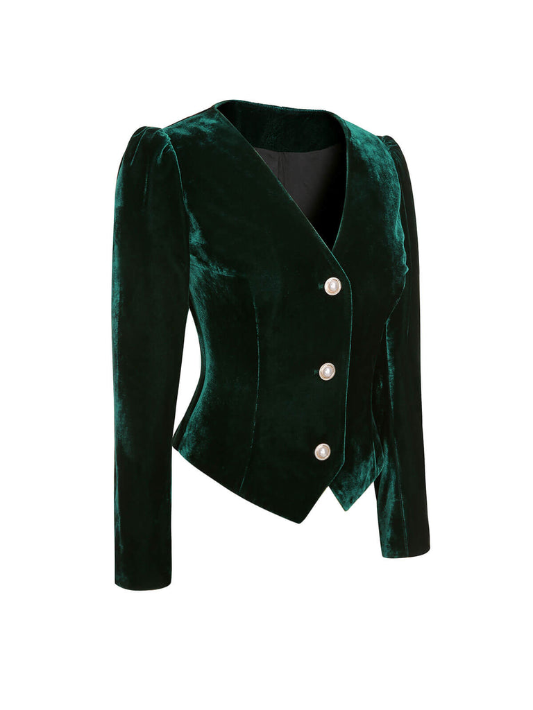 Green 1960s V-Neck Short Velvet Coat