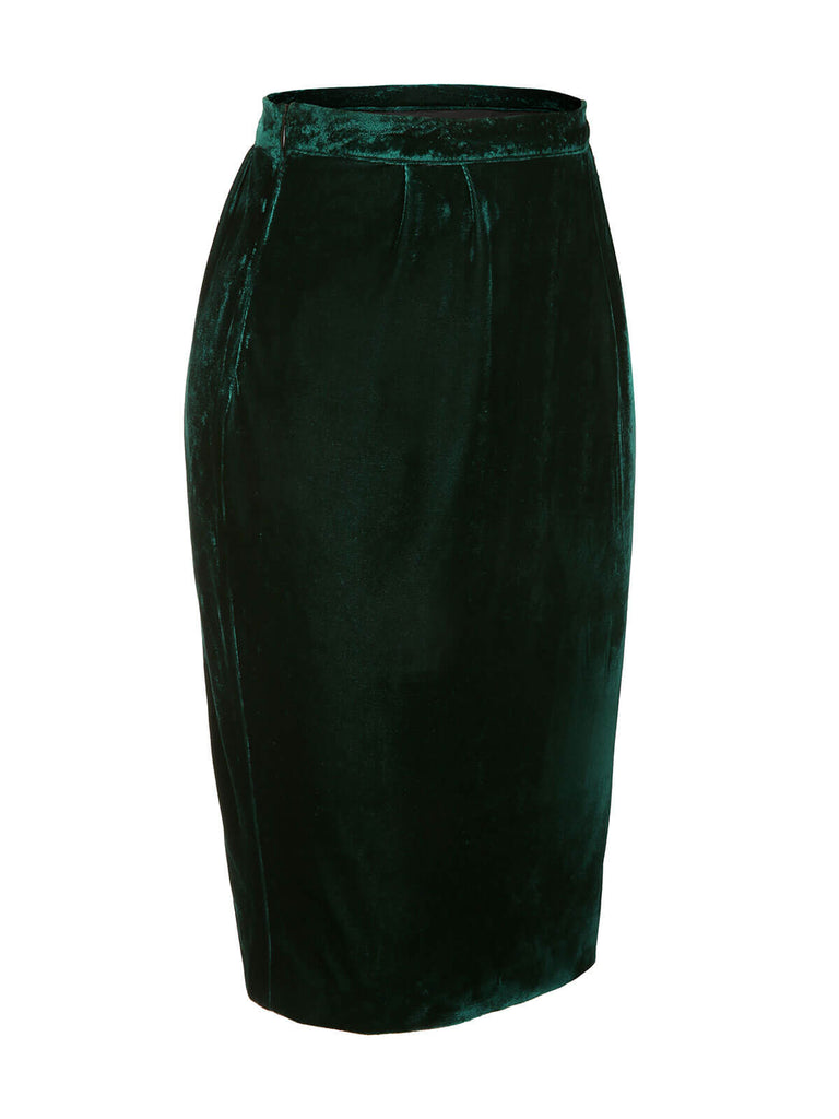 Green 1960s Solid Velvet Pencil Skirt