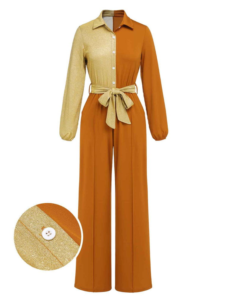 1930s Lapel Patchwork Long Sleeve Jumpsuit