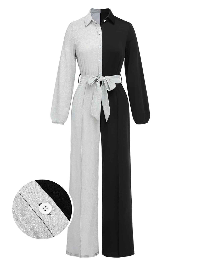 1930s Lapel Patchwork Long Sleeve Jumpsuit