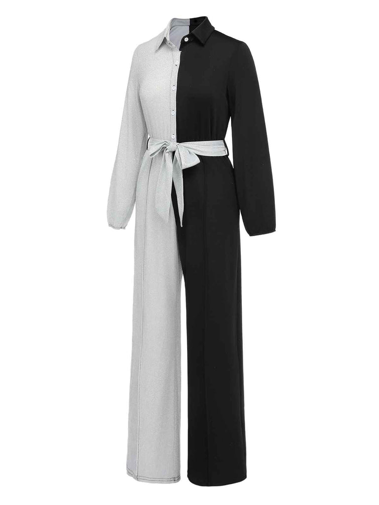 1930s Lapel Patchwork Long Sleeve Jumpsuit