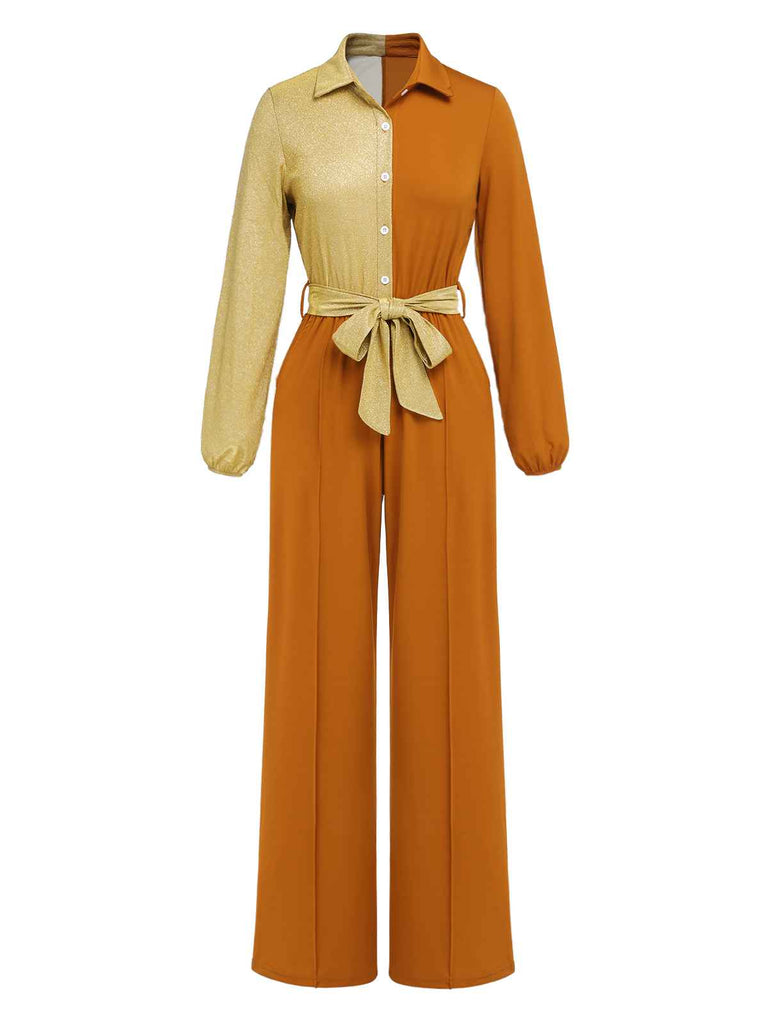 1930s Lapel Patchwork Long Sleeve Jumpsuit