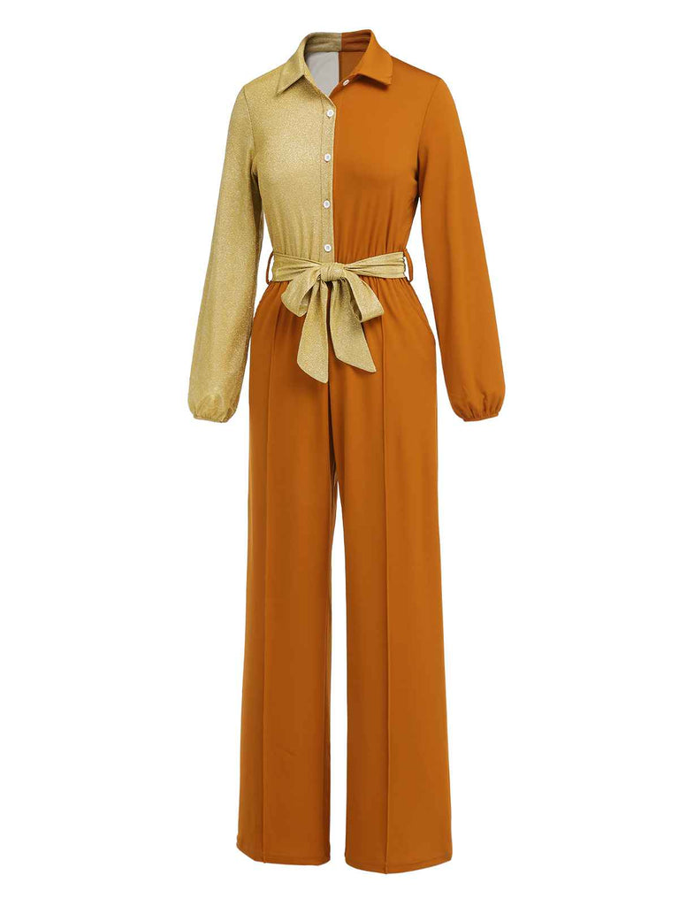 1930s Lapel Patchwork Long Sleeve Jumpsuit