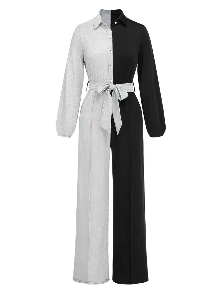 1930s Lapel Patchwork Long Sleeve Jumpsuit