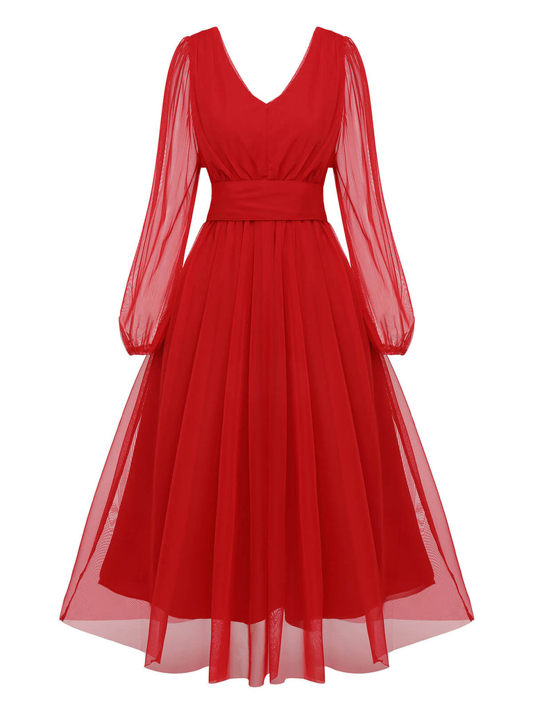 Red 1950s Sheer Sleeve Mesh Dress