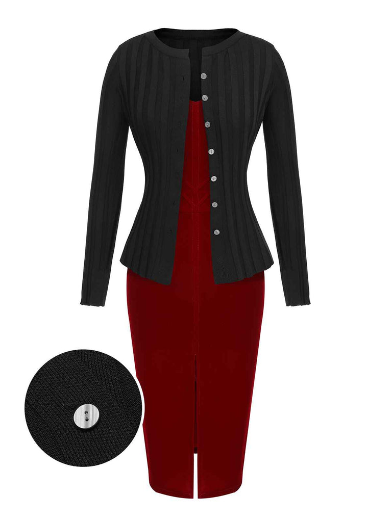 2PCS 1960s Christmas Solid Cardigan & Strap Velvet Dress