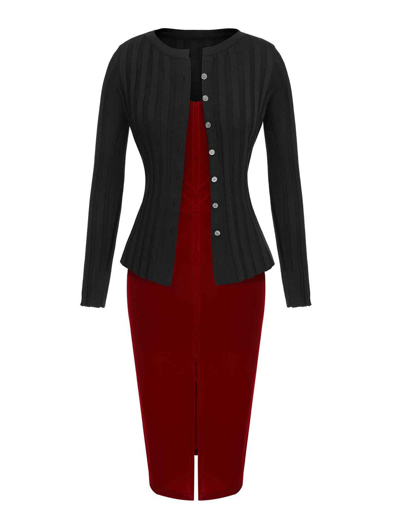 2PCS 1960s Christmas Solid Cardigan & Strap Velvet Dress