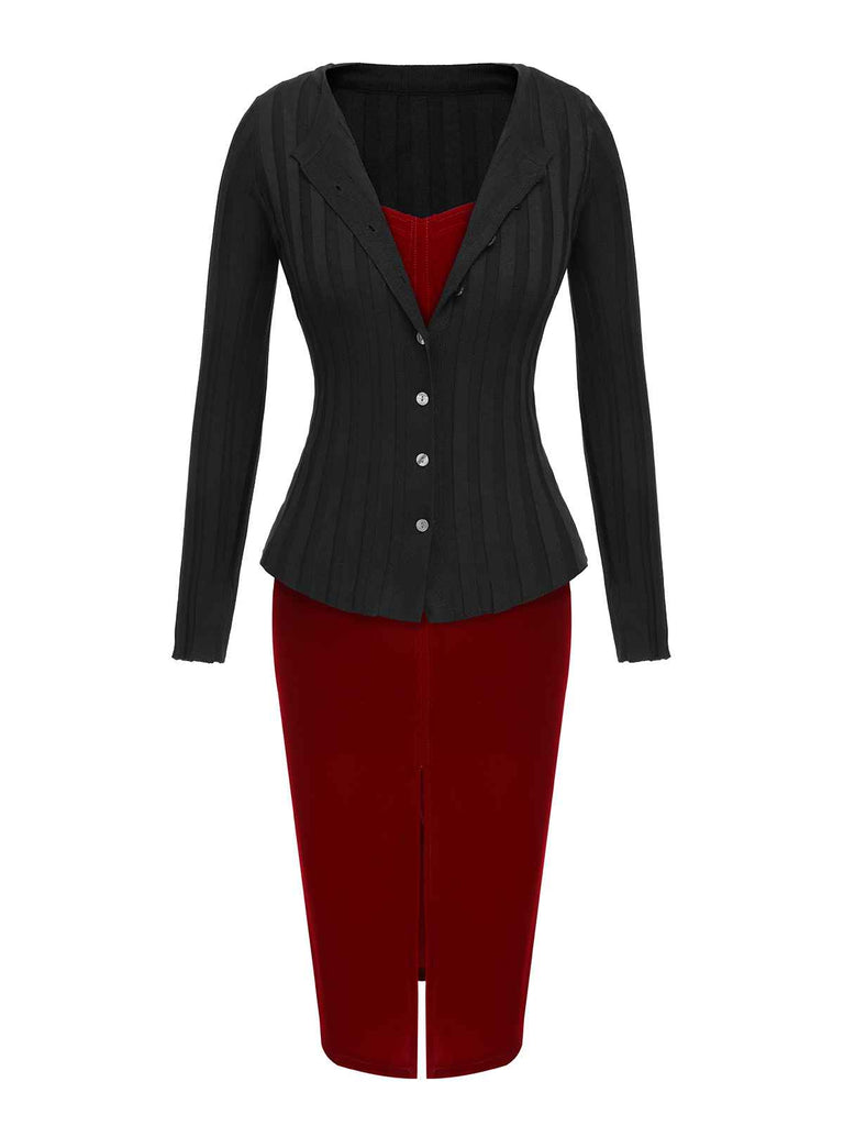2PCS 1960s Christmas Solid Cardigan & Strap Velvet Dress