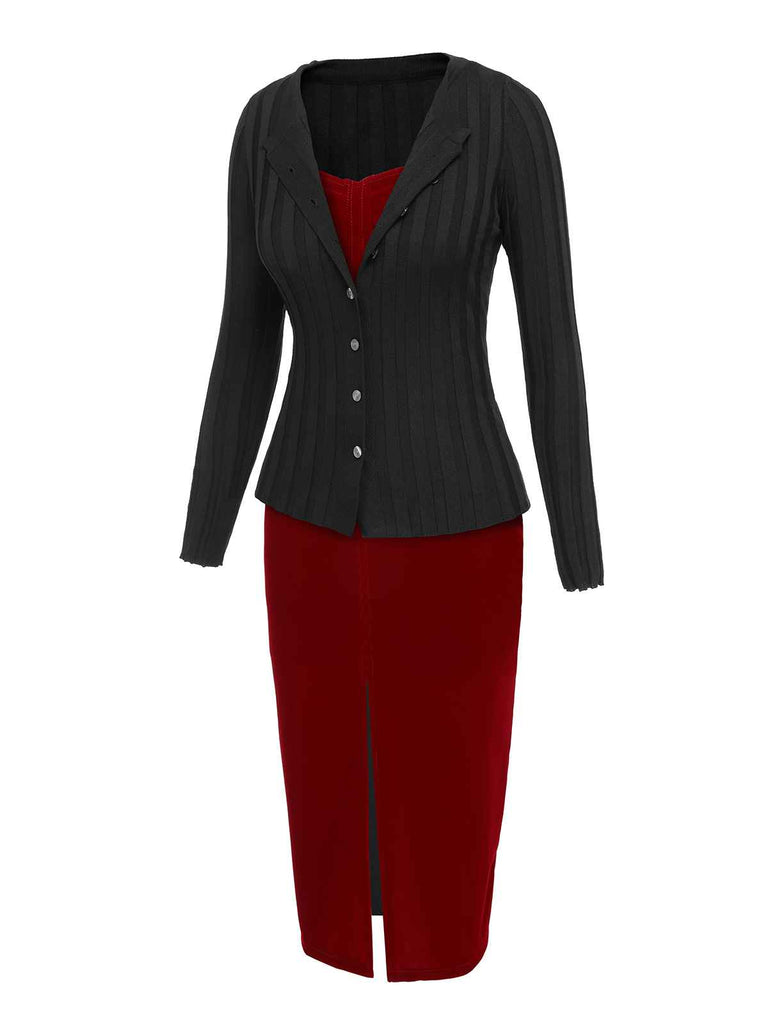 2PCS 1960s Christmas Solid Cardigan & Strap Velvet Dress