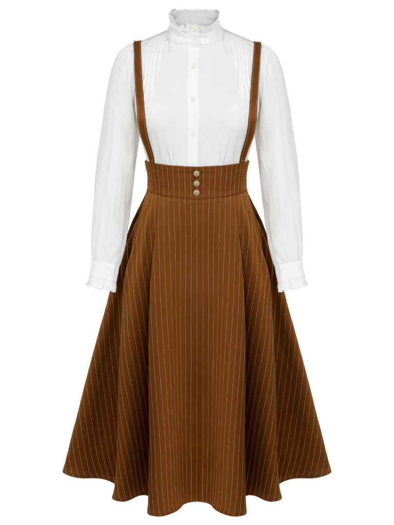 2PCS 1940s Ruffles Lantern Sleeve Blouse & Strap Skirt