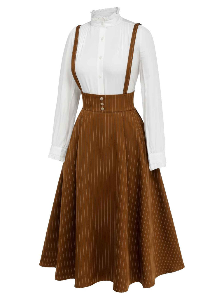 2PCS 1940s Ruffles Lantern Sleeve Blouse & Strap Skirt