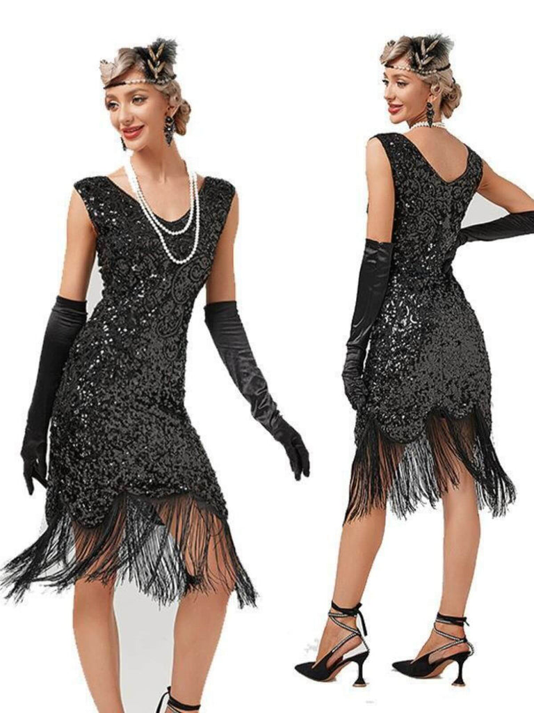 1920s V-Neck Sequined Tassel Gatsby Dress