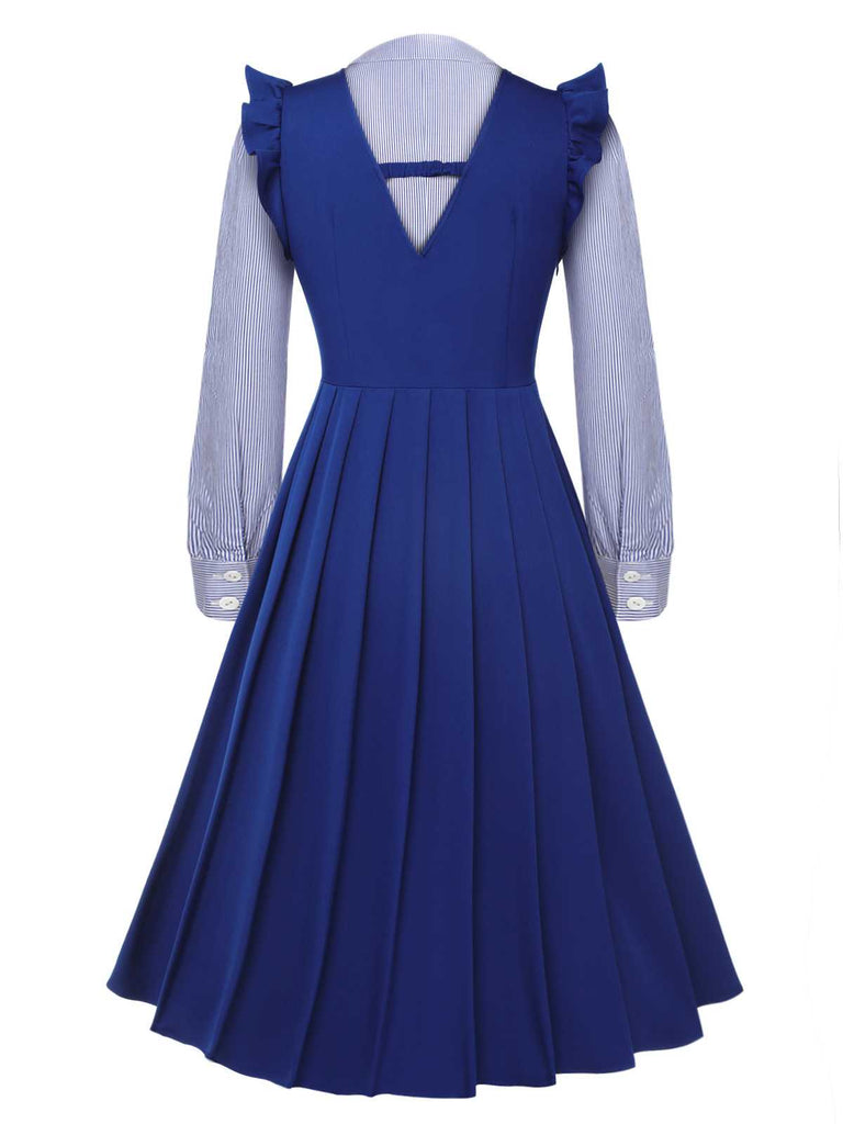 2Pcs Blue 1950s Tie Neck Stripes Blouse & Ruffles Vest Dress | Retro Stage