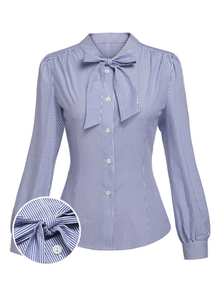 Blue 1950s Tie Neck Stripes Blouse