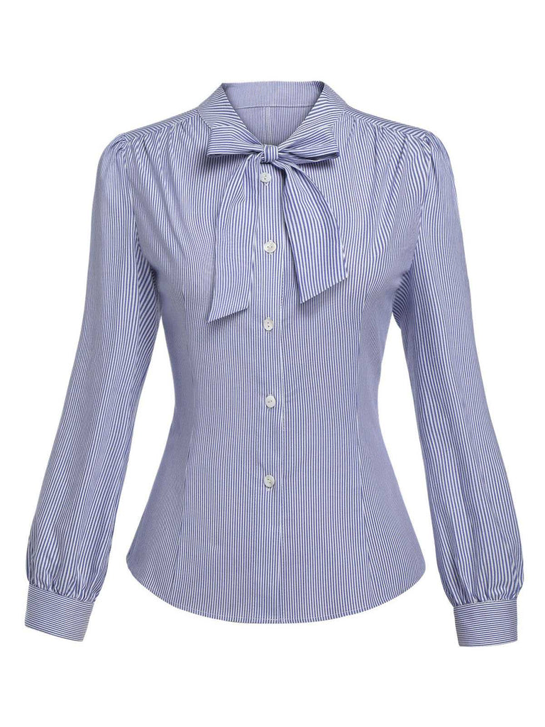 Blue 1950s Tie Neck Stripes Blouse