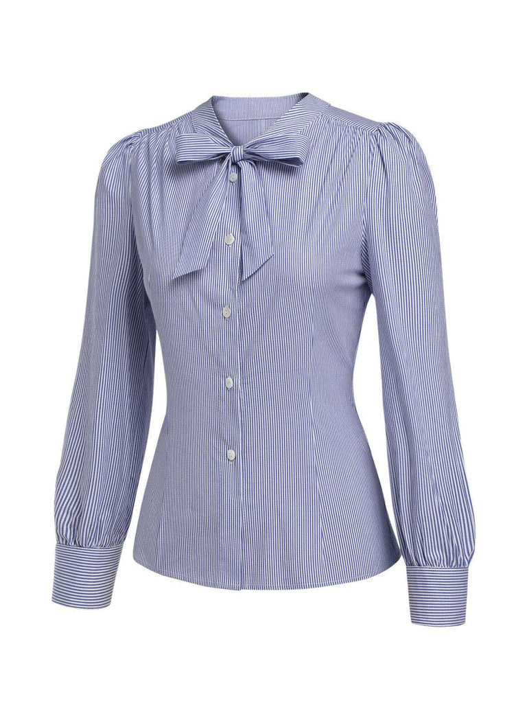 Blue 1950s Tie Neck Stripes Blouse