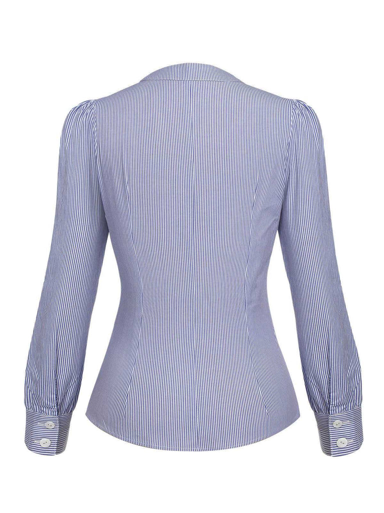 Blue 1950s Tie Neck Stripes Blouse