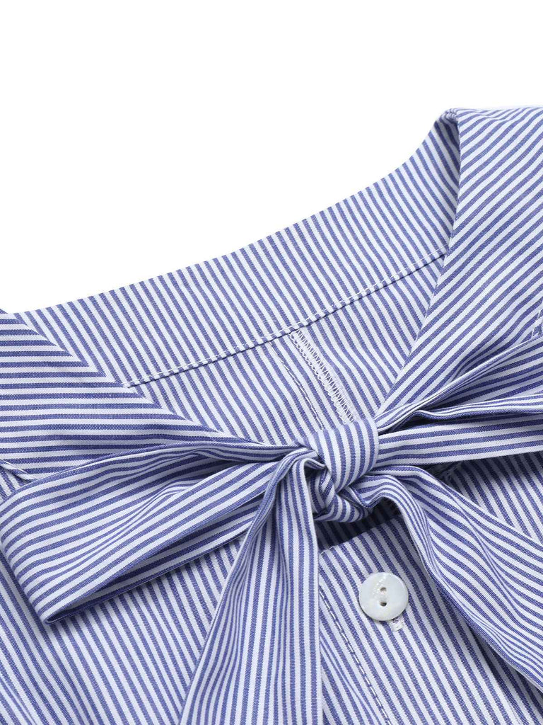 Blue 1950s Tie Neck Stripes Blouse
