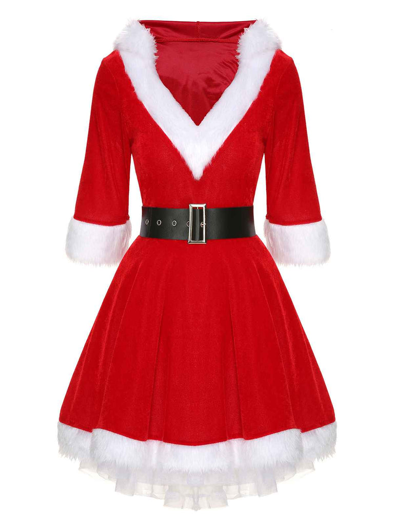 Christmas Hooded Santa Claus Raw Hem Belt Dress