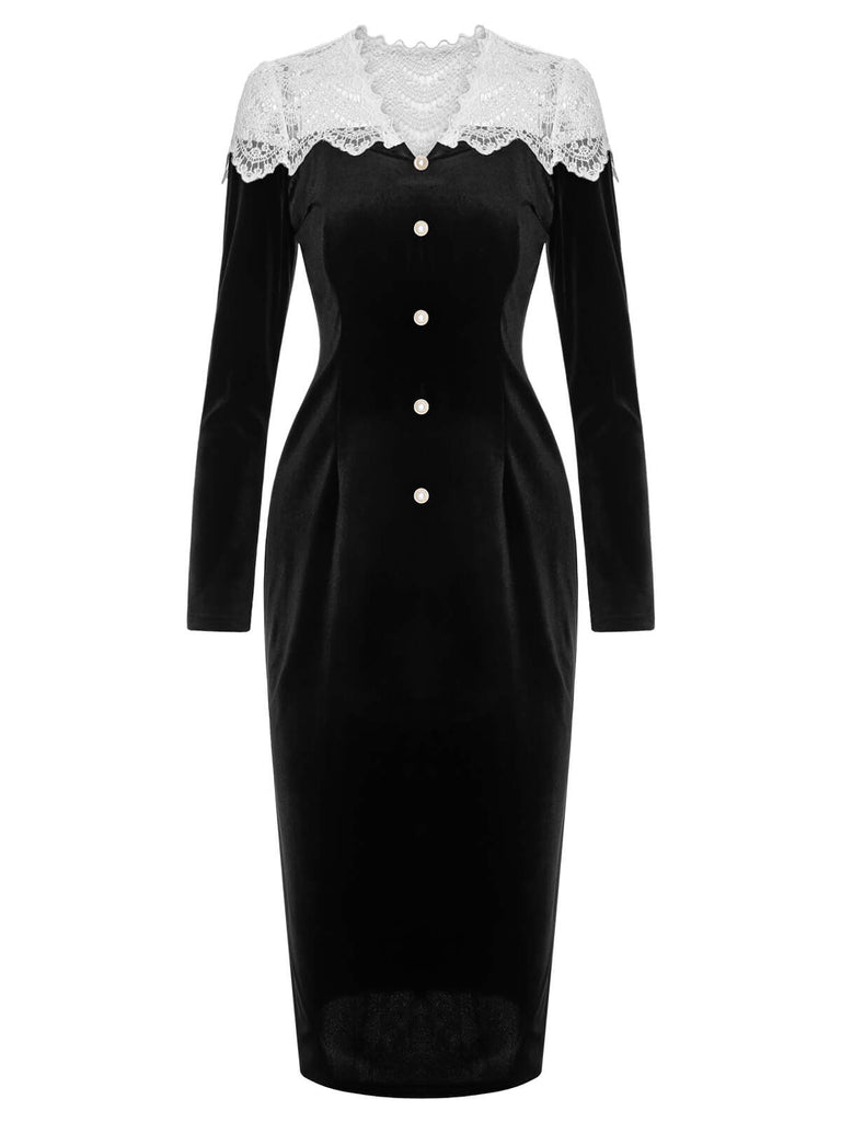 Black & White 1960s Lapel Patchwork Velvet Dress