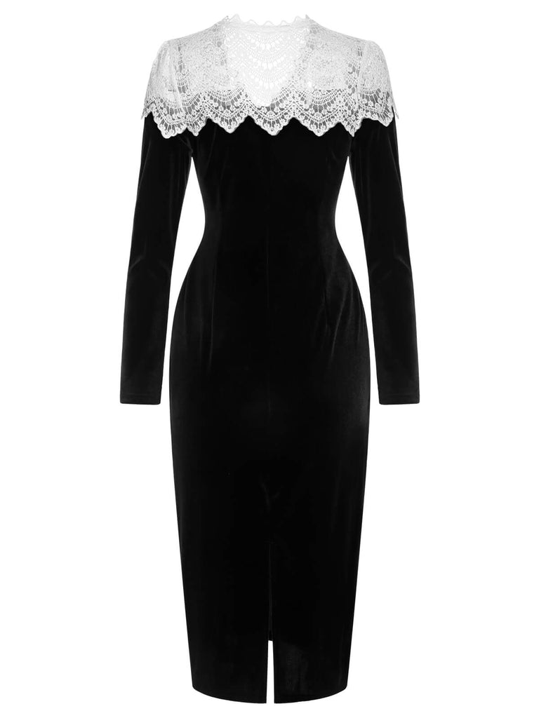 Black & White 1960s Lapel Patchwork Velvet Dress