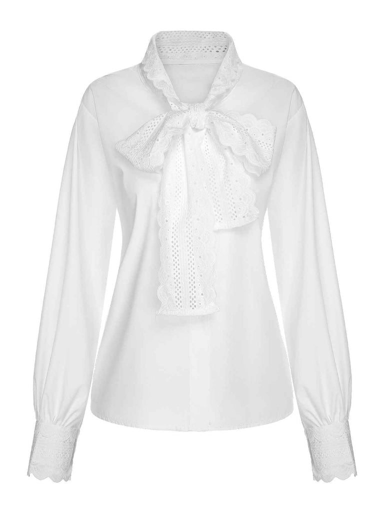 White 1950s Lace Tie Neck Solid Blouse