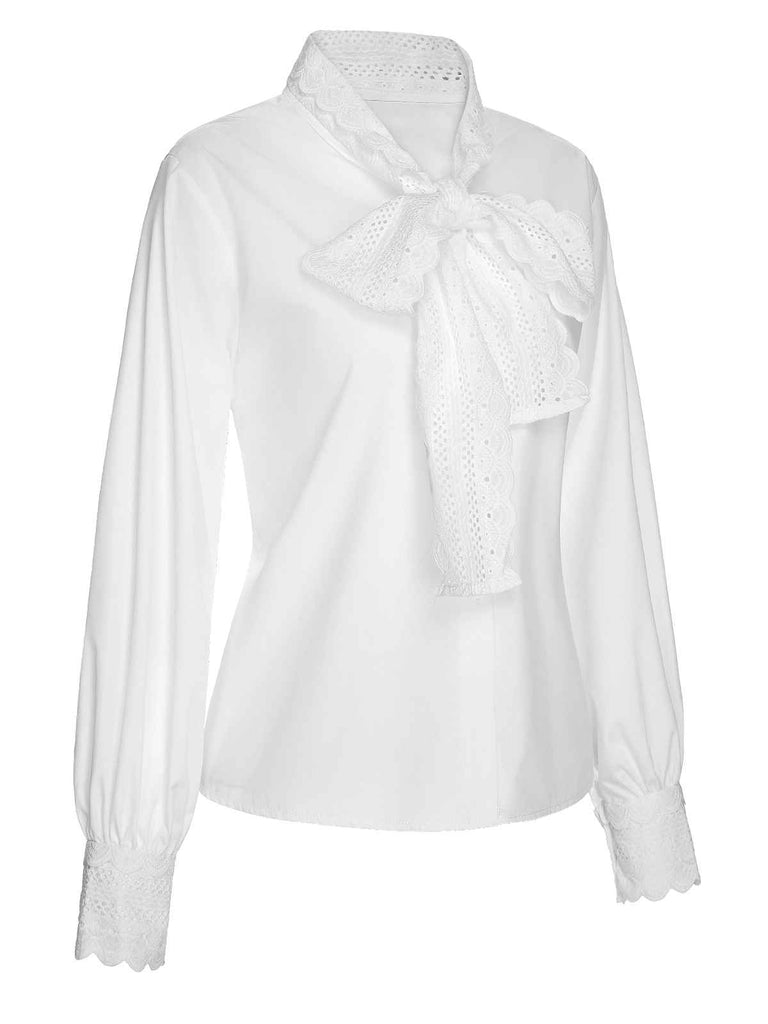 White 1950s Lace Tie Neck Solid Blouse