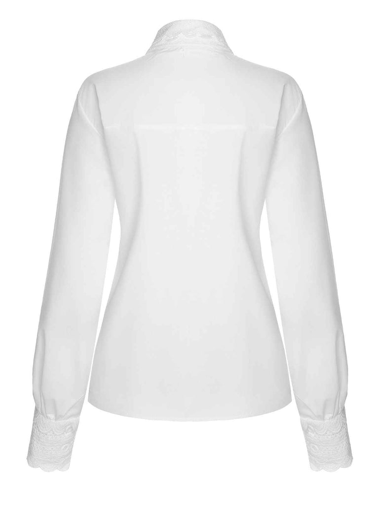 White 1950s Lace Tie Neck Solid Blouse