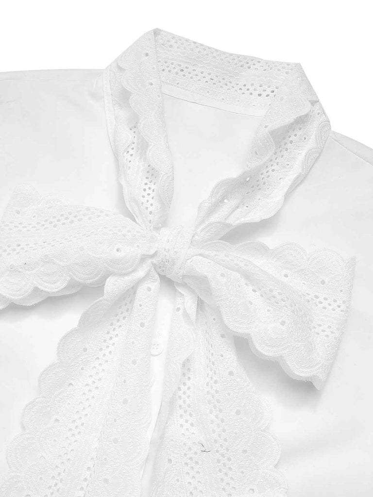 White 1950s Lace Tie Neck Solid Blouse
