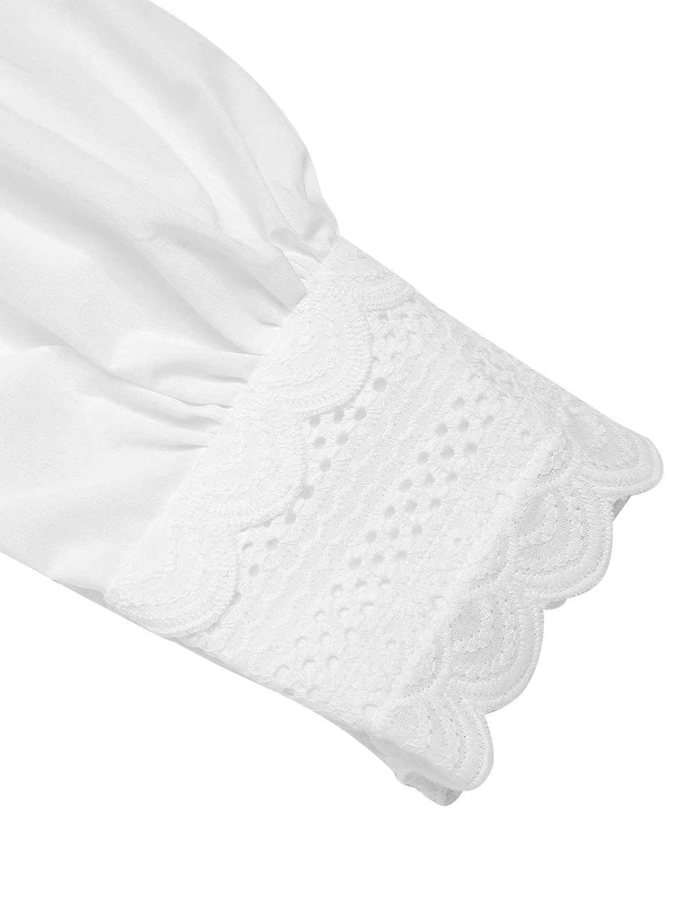 White 1950s Lace Tie Neck Solid Blouse